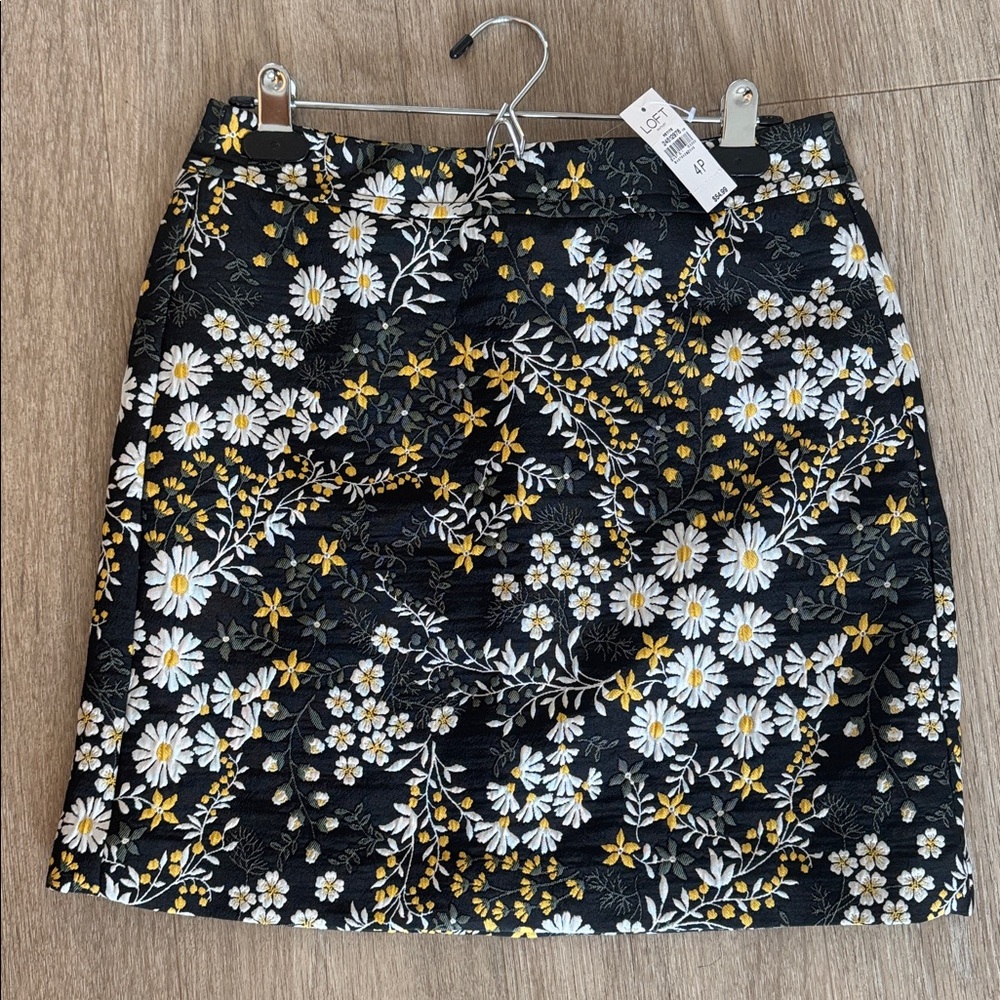 LOFT Black Skirt with White and Yellow Floral Design